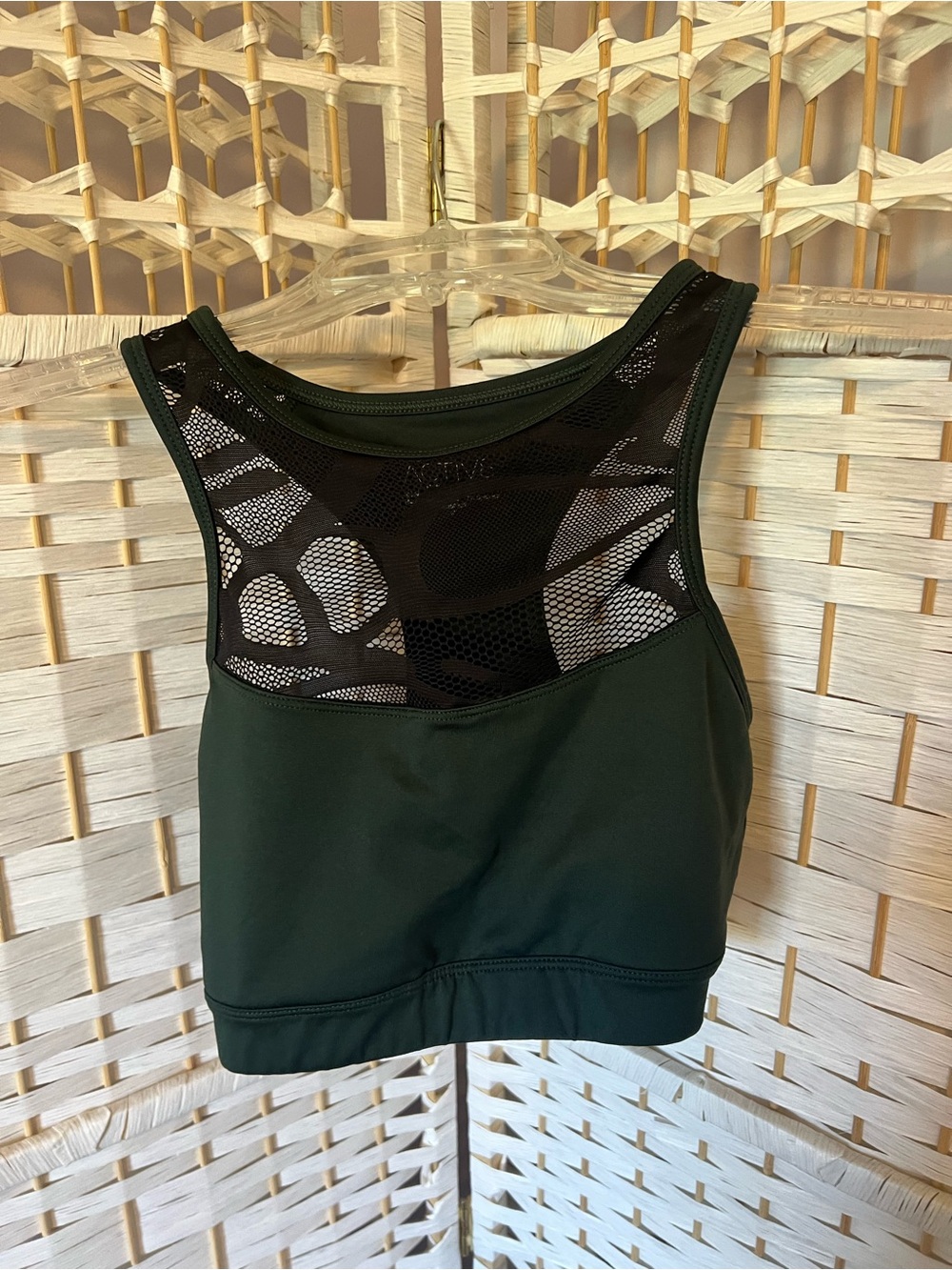 Active USA Forest Green Sports Bra with Black Mesh Front